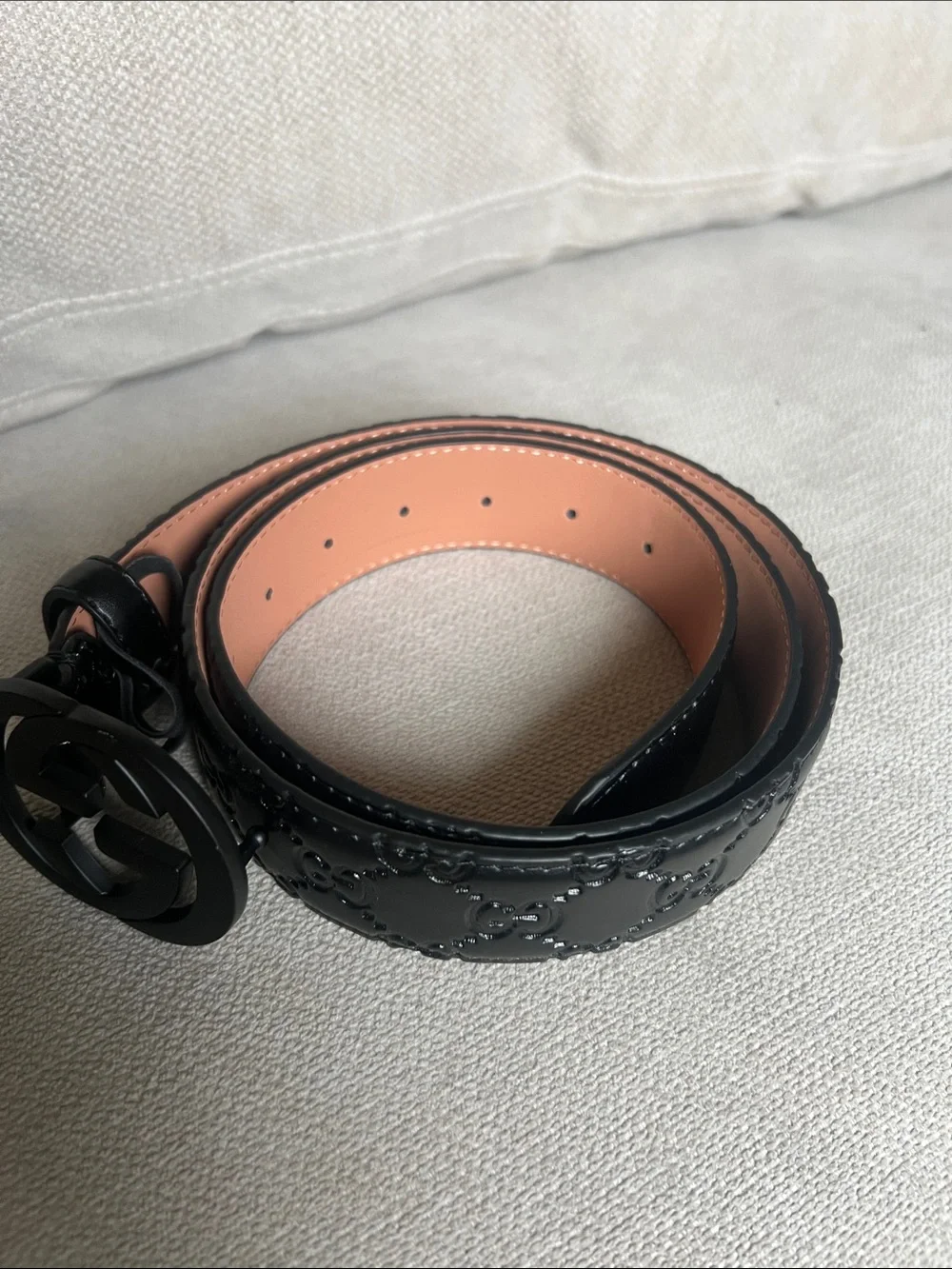 Brand New Gucci Black Embossed Leather Belt with Matte Black Double GG Buckle